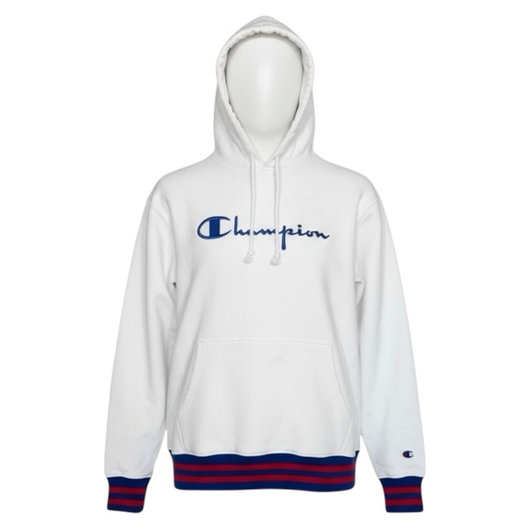 Champion Other - 🏁 Vintage Champion Reverse Weave White Hoodie‎ – Striped Cuffs Size L
